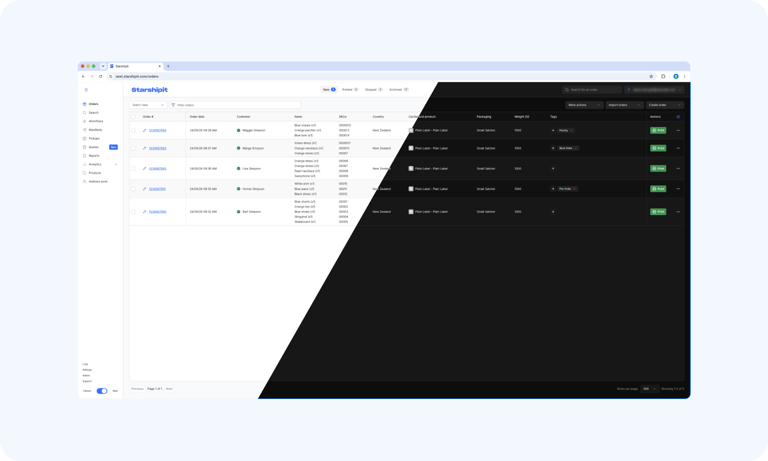 Orders grid shown in light and dark mode