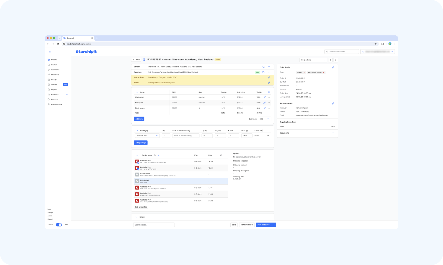 Order details page showing items, packages, and carrier rates