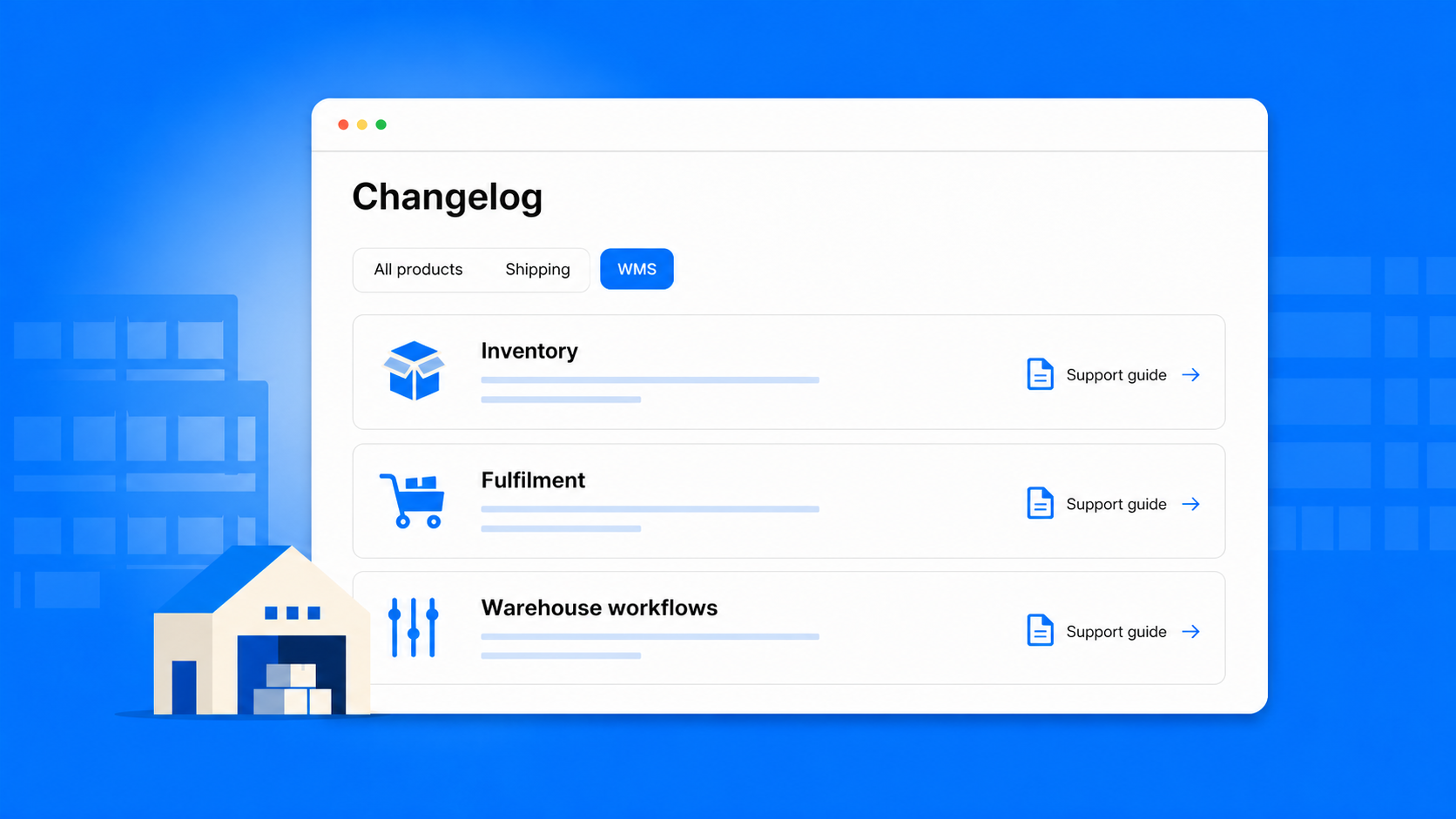 Starshipit WMS changelog showing inventory, fulfilment and warehouse workflow updates.