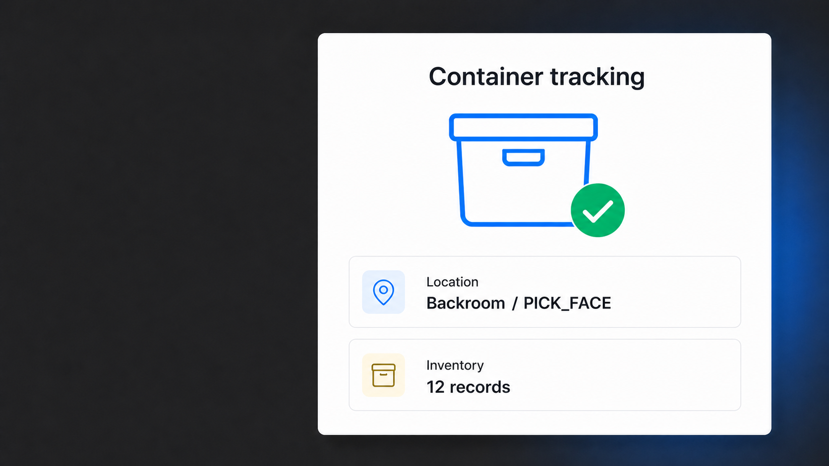 Container tracking panel showing its location and inventory records.