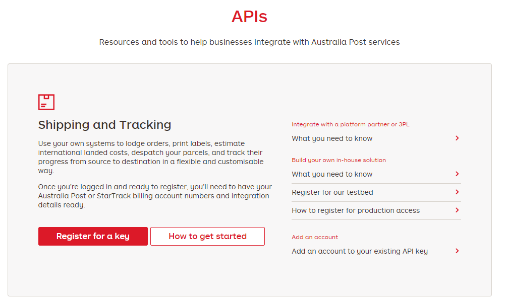 Australia Post Developer Centre register API key screen
