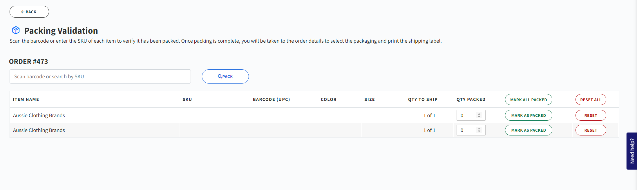 Packing validation screen