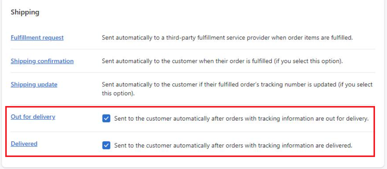 Shopify Notifications page showing shipping notification templates in the Shipping section.