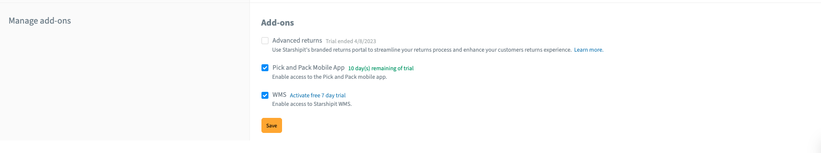 Add-ons section with options to remove add-ons
