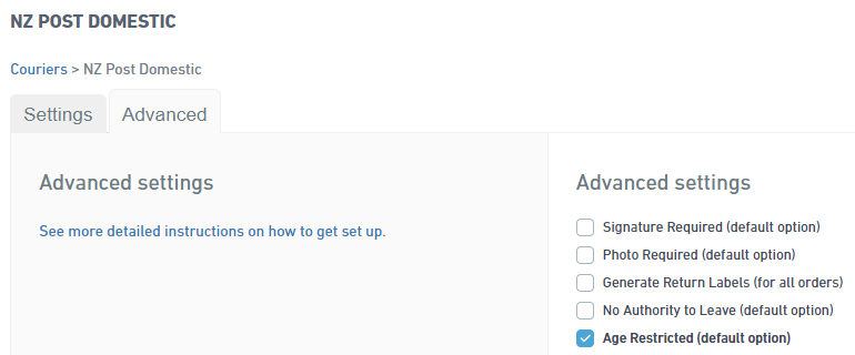 NZ Post Advanced settings with Age Restricted option