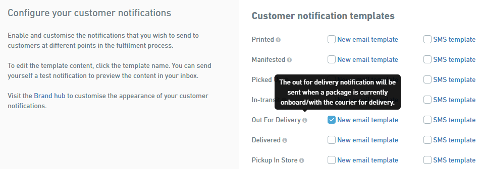 Out For Delivery notification settings