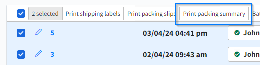 Orders grid showing Print packing summary button