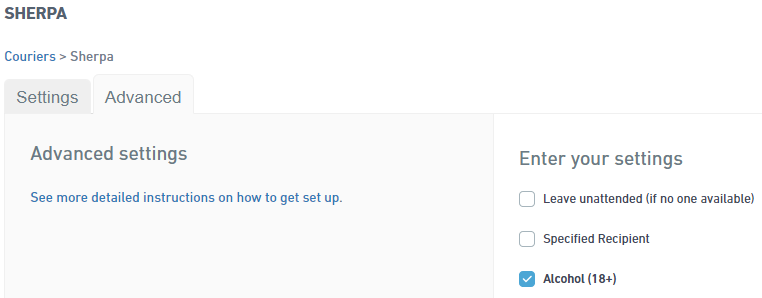 Sherpa Advanced settings with Alcohol 18+ option
