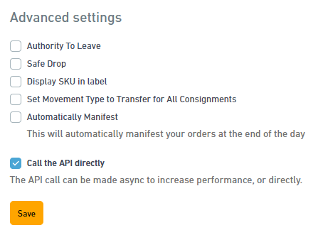 Startrack Advanced settings with Call the API directly option