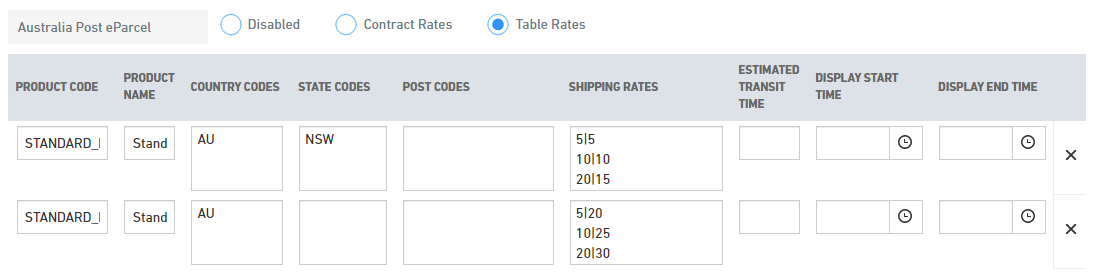 Table rates configuration for checkout